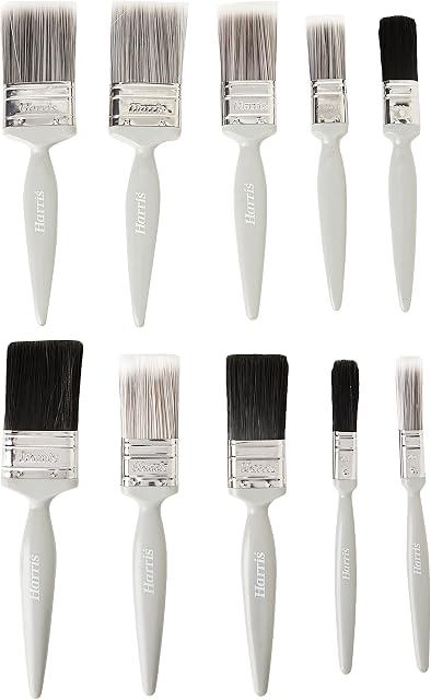 Harris Essentials Walls & Ceilings and Woodwork 10 Pack, 0, 1 x 1.5, 1 x 2 Gloss 1 x 0.5, 1 x 1, 2 x 1.5, 2X 2 Emulsion Paint Brushes
