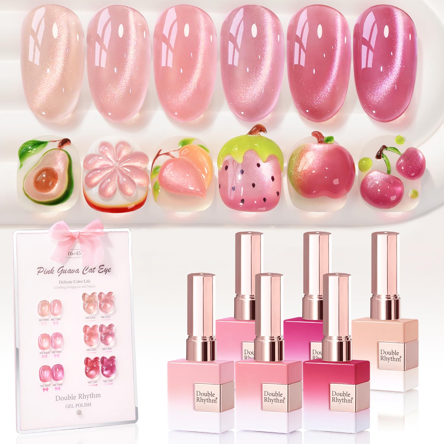 Double Rhythm Cat Eye Gel Nail Polish Set of 6 Same Color Same Bottle 0.5 Oz Shimmer Glitter with Magnet Holographic Reflective Magnetic UV Nail