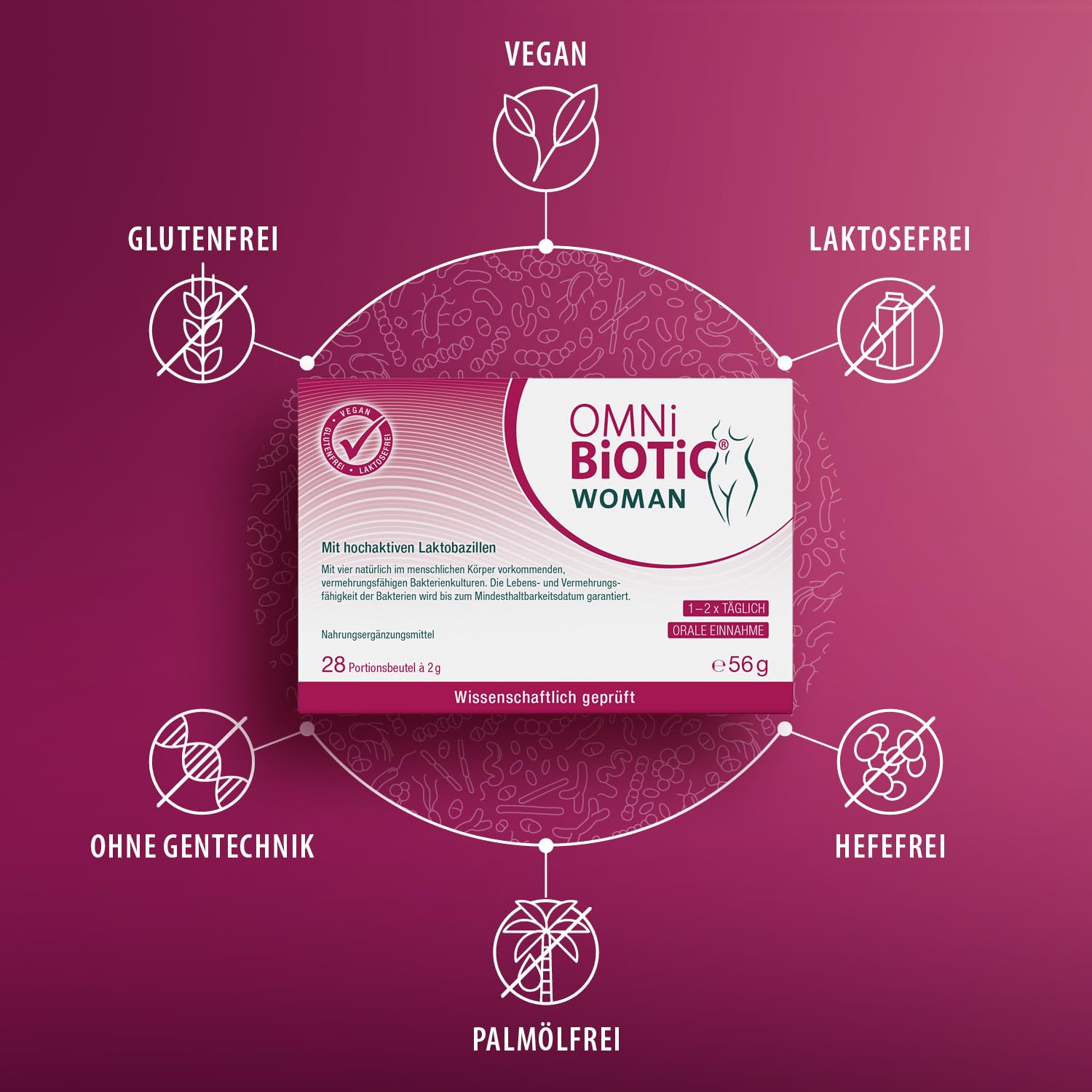 OMNi BiOTiC WOMAN | Für Frauen entwickelt | 4 Bakterienstämme | 10 Mrd. Keime pro Tagesdosis | Pulver | Vegan - Glutenfrei - Laktosefrei | Zur täglichen Anwendung - Einfach trinken | 28 Portionen
