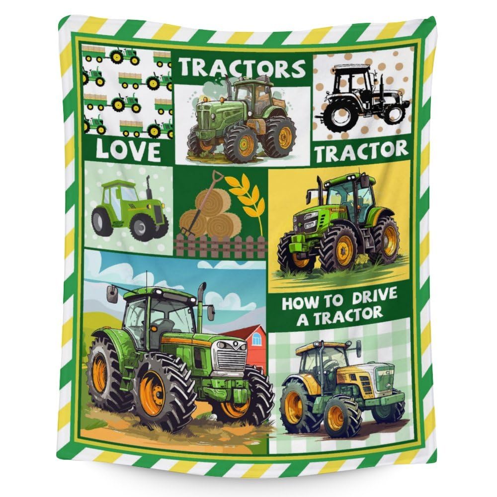 JUZGTSIT Tractor Throws - Soft Fuzzy Warm Blanket Throw for Kids Boys & Girls - ches Flannel Blankets for Couch Travel - Green Cute Blanket Gift for Tractor Lover 100x125cm