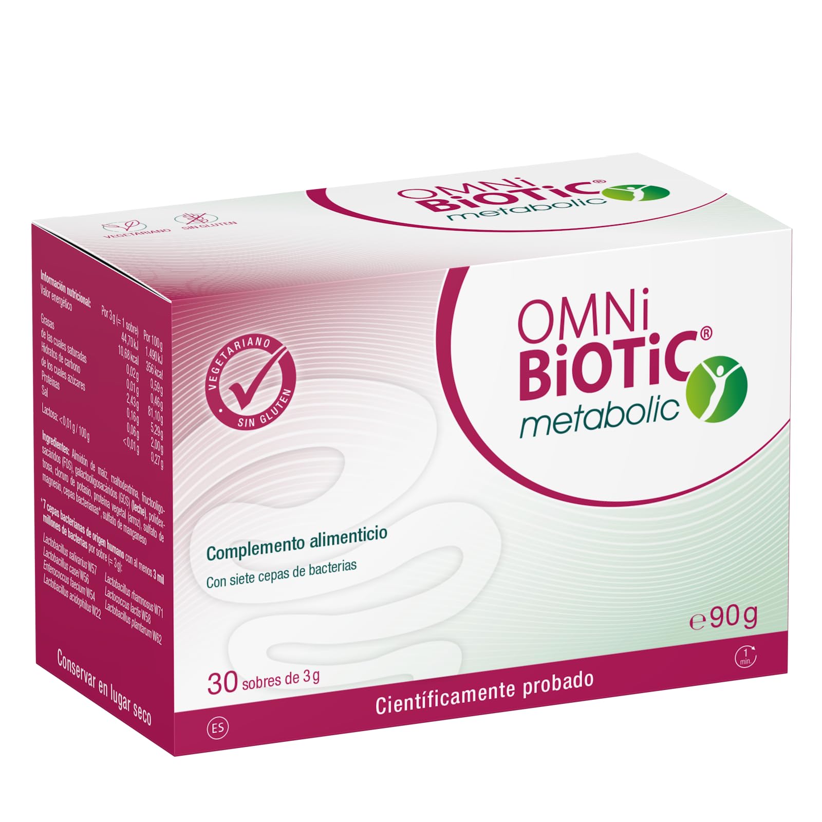 OMNi BiOTiC metabolic | 30 sobres (90 g) | Probiótico | 7 cepas bacterianas | 3 mil millones de bacterias por dosis diaria | Polvo | Sin gluten | Sin lactosa | Para uso diario