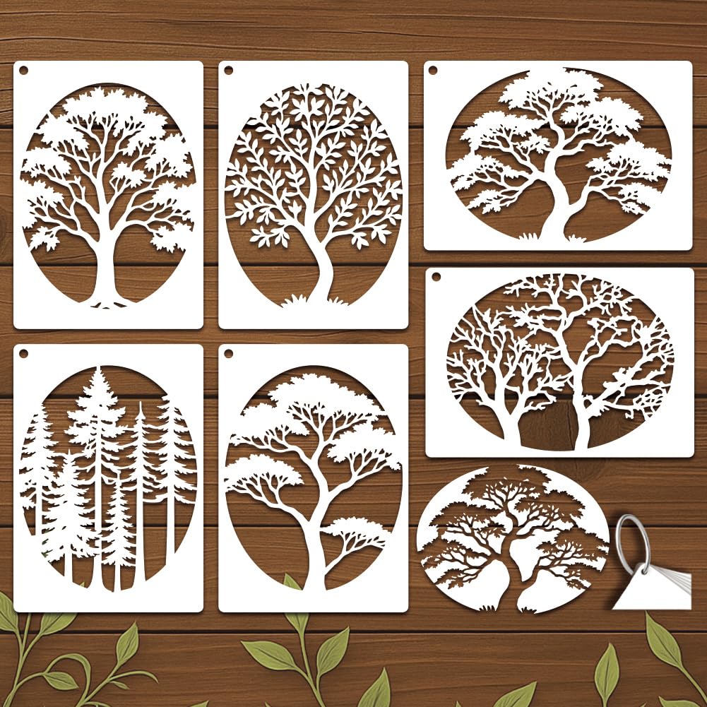 GOMAKERER 6 Sheets Tree Stencils for Painting, 9 Styles Reusable Natural Plants Drawing Template Reusable Art Templates for Painting on Canvas Wood Wall Home Decor