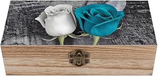 Small Wooden Storage Box with Lid - 7.9x3.9x2.3 Inch Teal Gray Rose Jewelry Box Vintage Keepsake Boxes Portable Jewelry Organizer Wood Trinket Box for Photos, Letters, Gifts