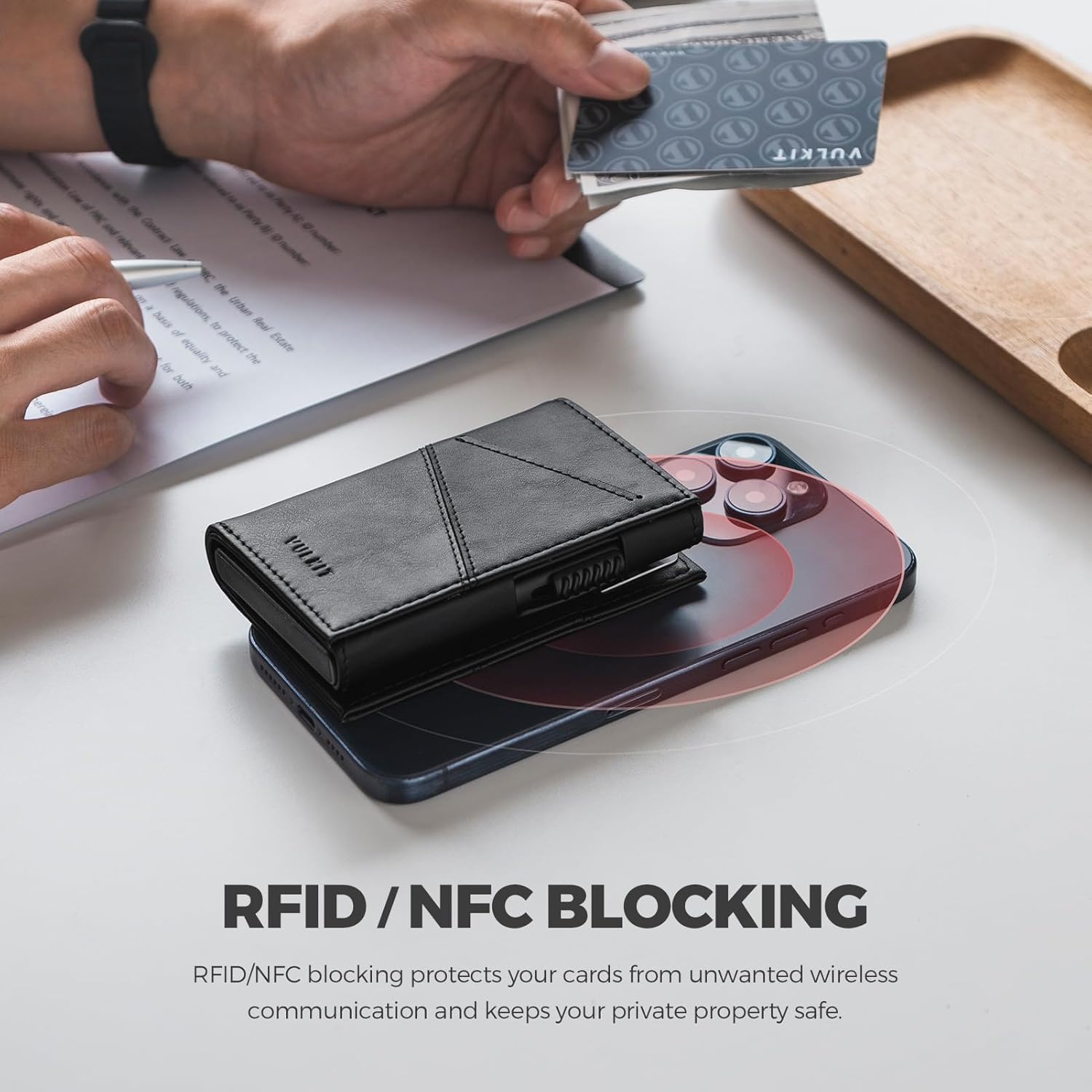 VULKIT Trifold Pop Up Men Wallet Leather RFID Blocking Credit Card Holder Metal Card Case, Hold 10 Cards and Bills, Black, Minimalist - Image 5