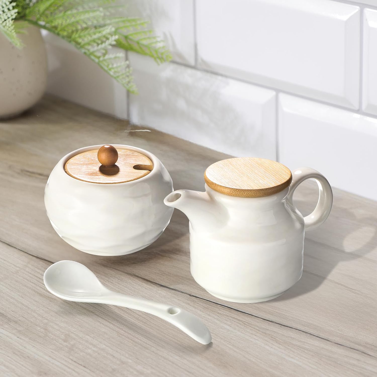 Ceramic Sugar and Creamer Set,12oz Cream Pitcher and 7.5oz Sugar Bowl with Lid,Coffee Serving Set for Cream and Sugar Spices, Condiments (2, Large)