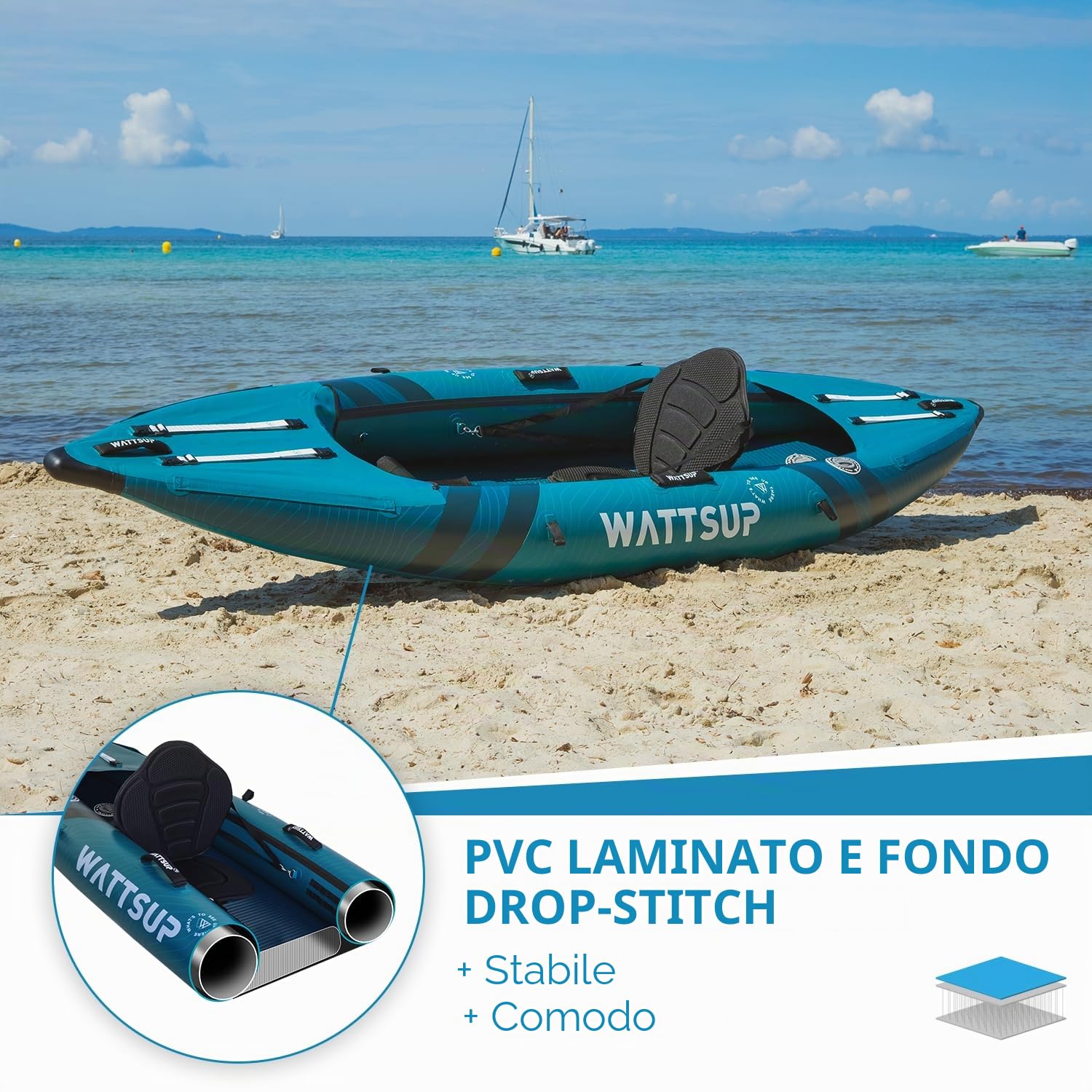 Kayak Gonfiabile Wattsup COD 1 Piazza - 310x85 cm (10'2" x 33") - PVC laminato e Dropstitch - Pacchetto Completo - Max 180 kg
