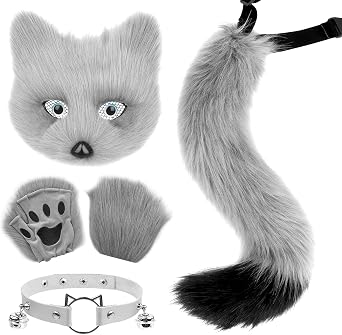 COSYEARS Faux Fur Fox Tail Cat Mask Paw Gloves and Leather Choker Costume Accessories Set for Halloween Cosplay Parties