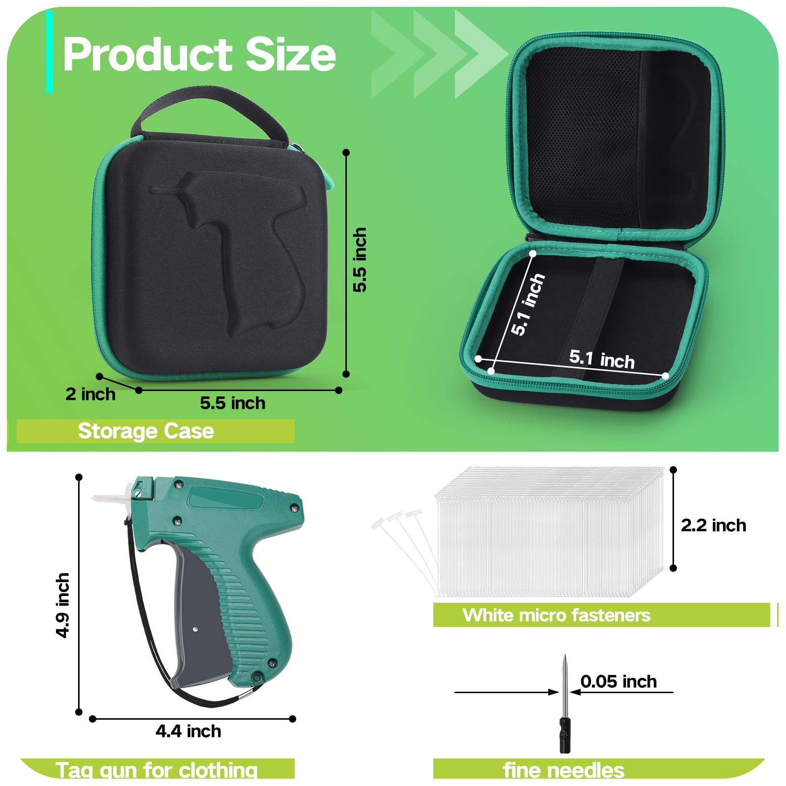 Kleidung Tag Gun Kit mit feinem Nadelstich, Aufbewahrungskoffer, 6 Mikronadeln, 1008 weiße Mikroverschlüsse, Mini Stitch Tag Gun Aufsatz für Zuhause, Geschäfte, Lager (Grün)