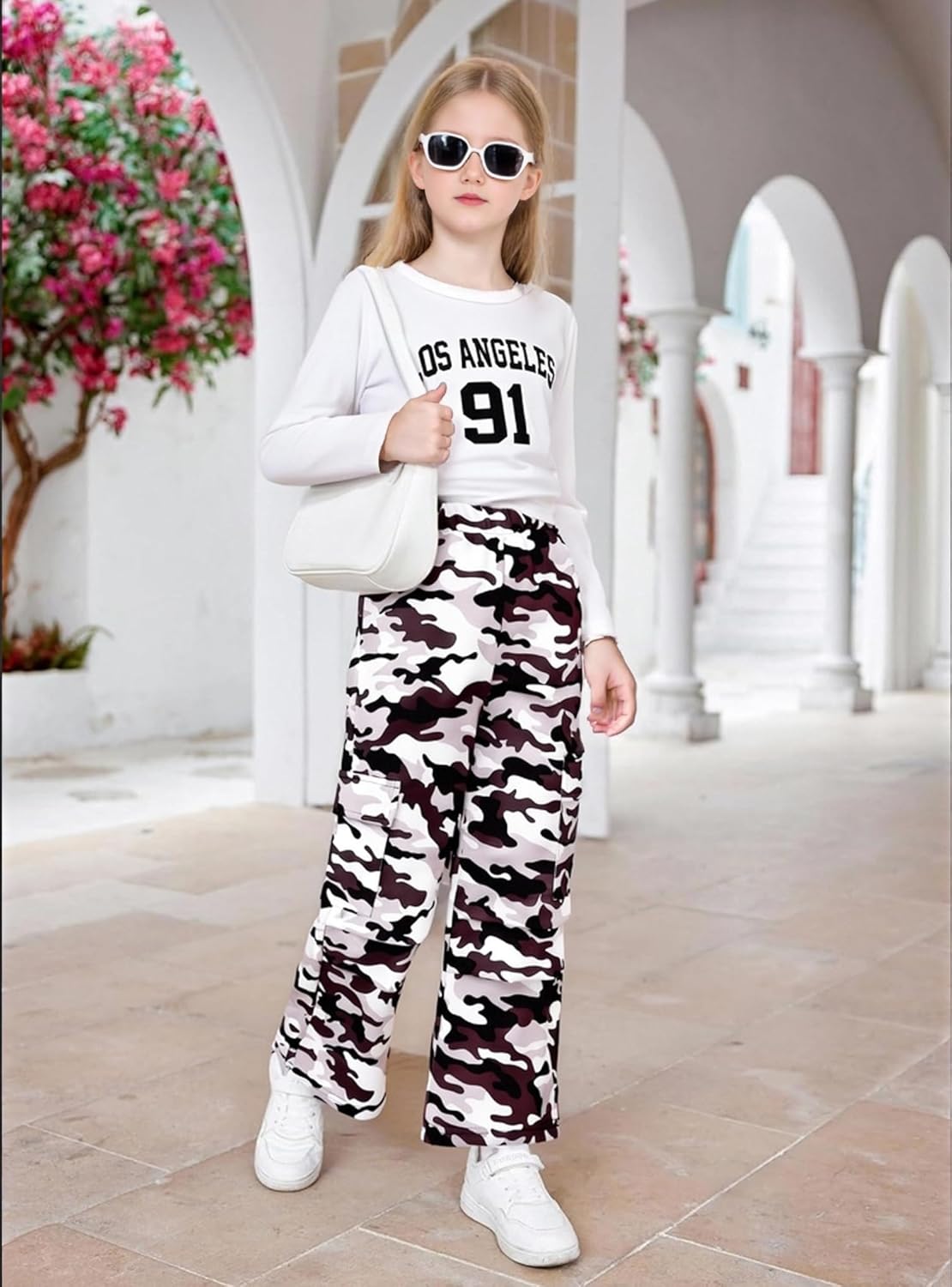 Girls Clothes Tween Girl Outfits Long Sleeve Ruched Top Botanical Print Relaxed Pocket Pants Set - Image 2