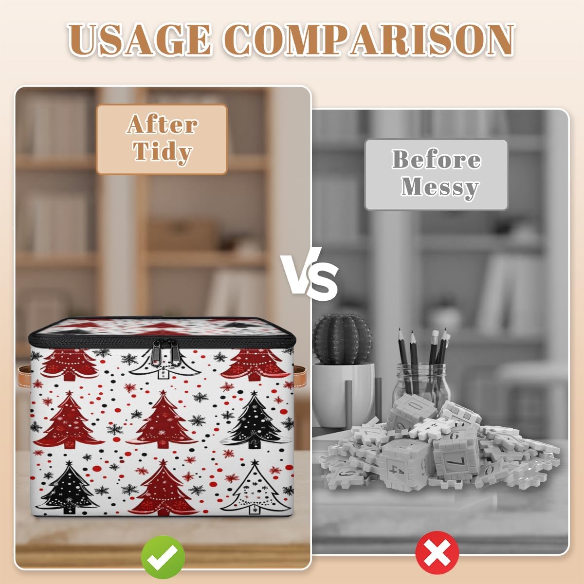 Storage Bin Set of 2 Christmas Holiday Tree Storage Basket with Zipper Lid & Handle Foldable Closet Shelf 2 Pack Cloth Organizer Basket Cube Bins for Bedroom, Nursery