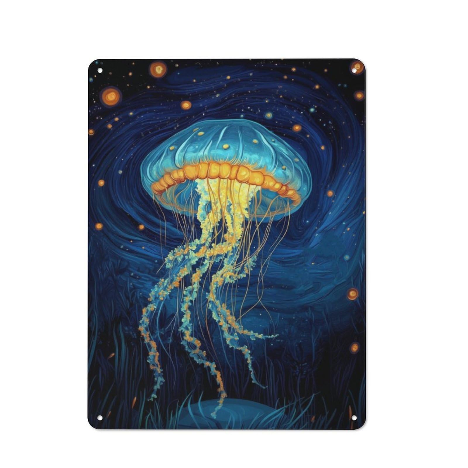 Junmoney Blue Jellyfish In Night Sky Metal Wall Sign 40X30cm Featuring For Pub Or Café, For Vintage Wall Decor Fans, For Home Office And Studio Walls