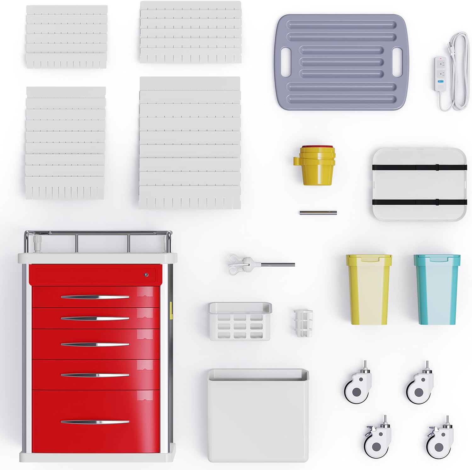 Medical Emergency Rolling Crash Cart with Drawers - Adjustable IV Pole, Silent Casters, Needle Disposal Holder, Trash Bin, O2 Holder, Nursing Trolley Cart for Clinic, Hospital, Salon