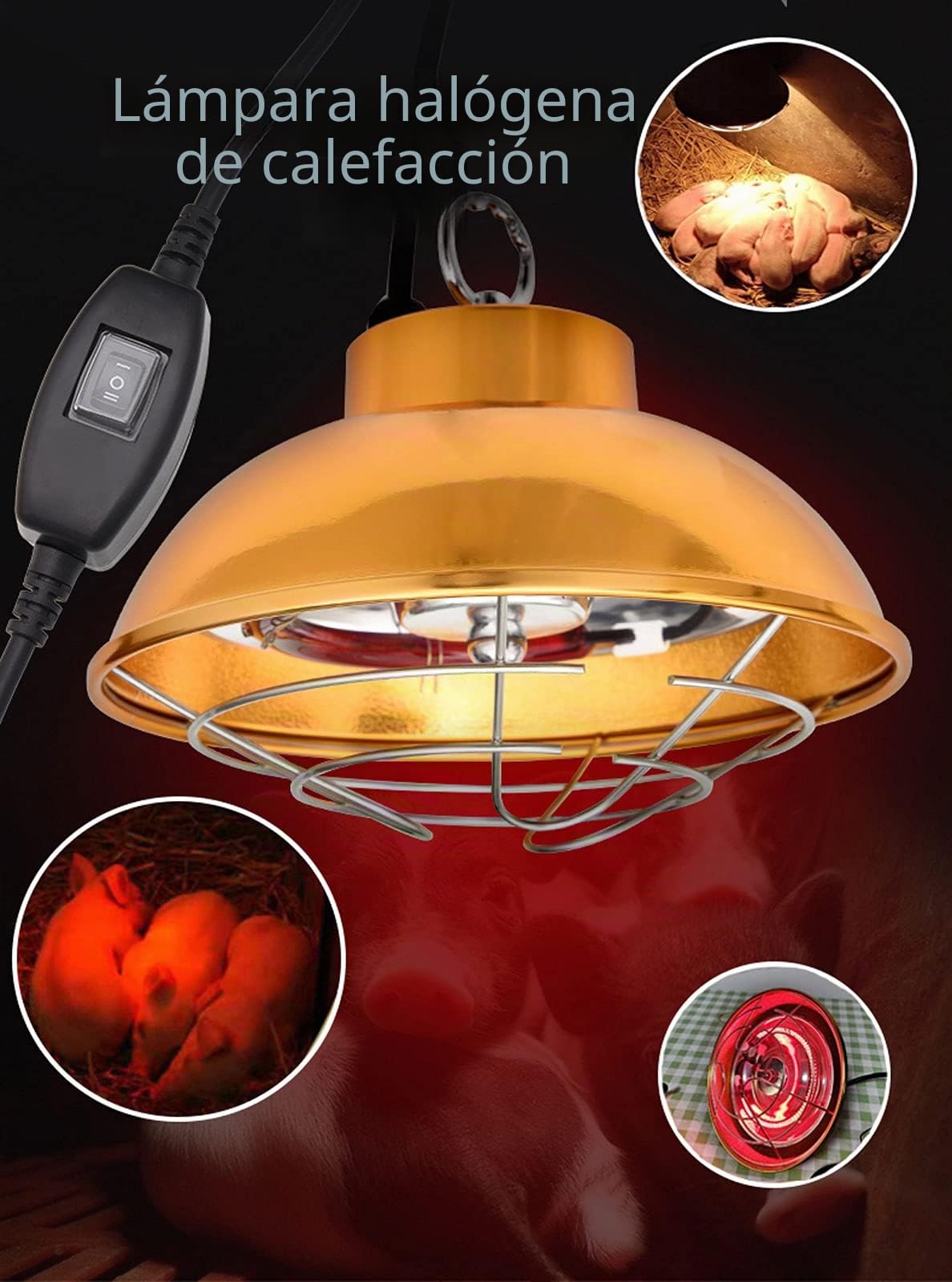 Lampara de Calor para Perros Gatos Gallineros Granja de Cerdos, Lámpara Calentadora Infrarrojos con Dos Temperaturas Ajustables y Lámpara Halógena, Ideal para Su Uso en Granjas y Cría de Animales