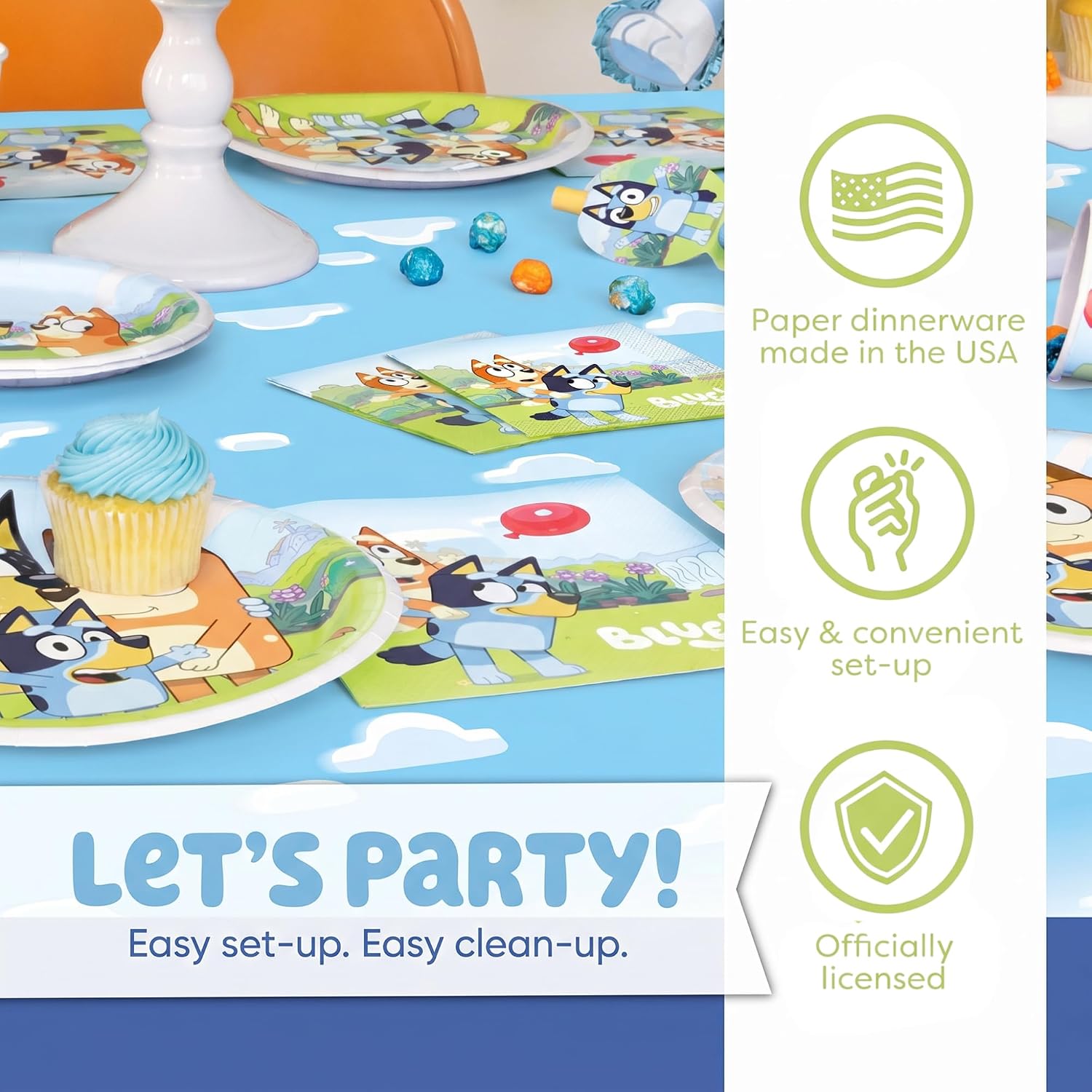 Bluey Birthday Decorations and Party Supplies for 16 Guests | Officially Licensed | Tablecloth, Plates, Napkins, Sticker