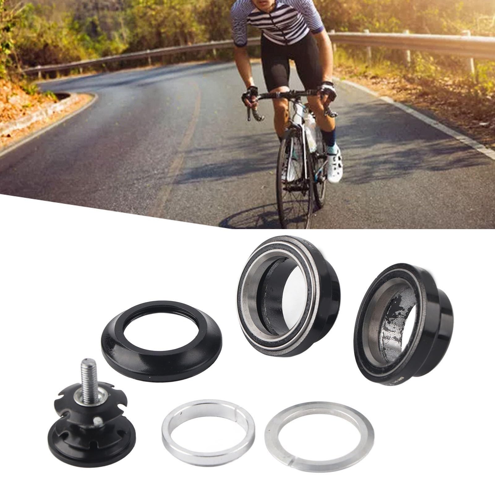 Ejoyous Steuersatz Fahrrad 1 1/8", Lenkkopflager Rennrad Gewinde Lagersatz Aluminiumlegierung CNC Fahrradgabelkopf Retro Steuerkopf, für 28,6 mm Gerade Gabelschaft (BLACK)