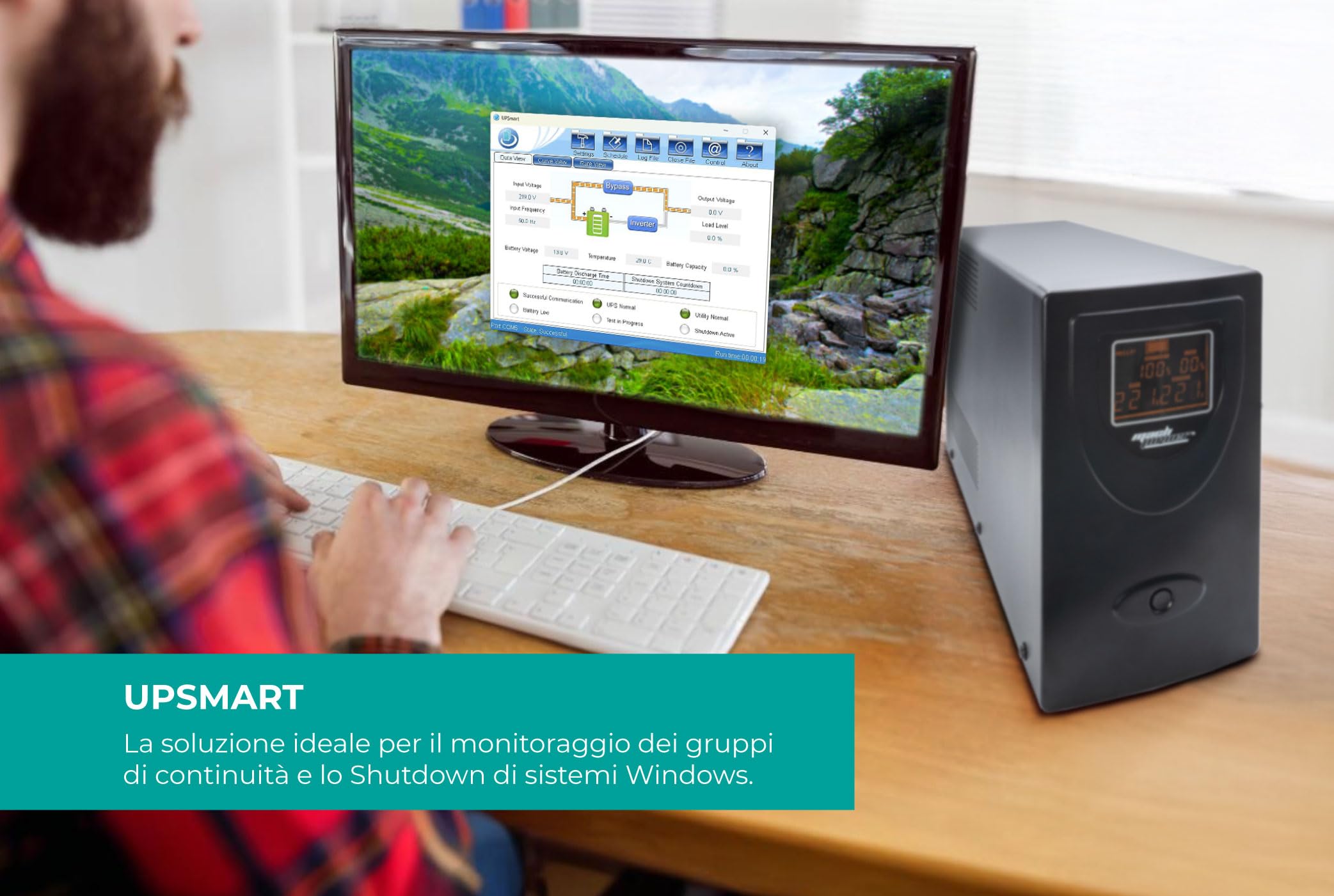 Gruppo di continuità line interactive 2000VA/1200W, stabilizzatore AVR, 2 batterie 12V/9Ah, 2 uscite Schuko/Ita, 1 Porta USB, display LCD, struttura in metallo UPS-LIT20MD (2000VA/1200W)