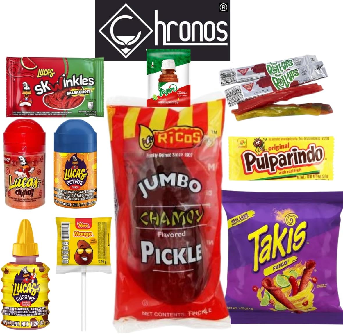 Ricos Chamoy pickle Kit by Chronos 12 piece Kit includes: Ricos Chamoy Pickle, Skwinkles Watermelon Flavor, Lucas Gusano (tamarind), Lucas Polvos (chamoy), Lucas Polvos (mango), Mango Chili Lollipop,