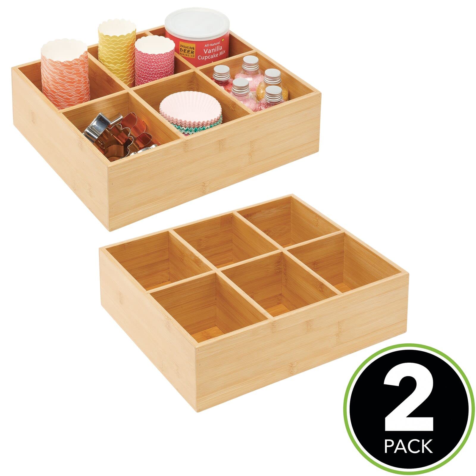 mDesign 2er-Set Teebox – elegante Aufbewahrungsbox mit 6 Fächern aus Bambus – Holzkiste für Teebeutel, Teeei, Gewürze und Co. – naturfarben