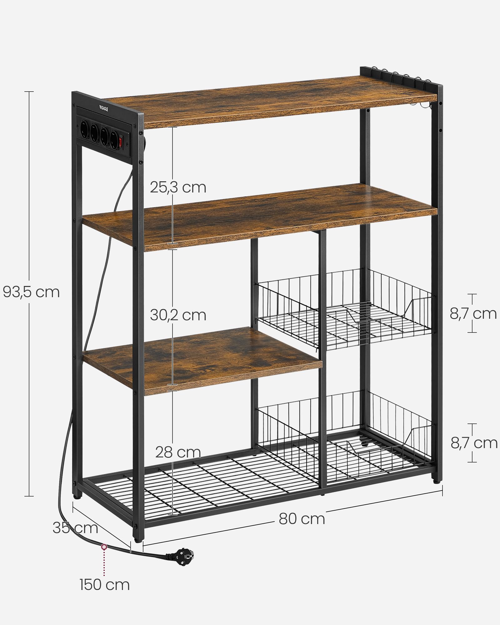 VASAGLE Küchenregal mit Steckdosen, Standregal mit 2 Metallkörben, Bäckerregal mit Haken, Regalablagen, 35 x 80 x 93,5 cm, Industrie-Design, vintagebraun-tintenschwarz KKS196K01