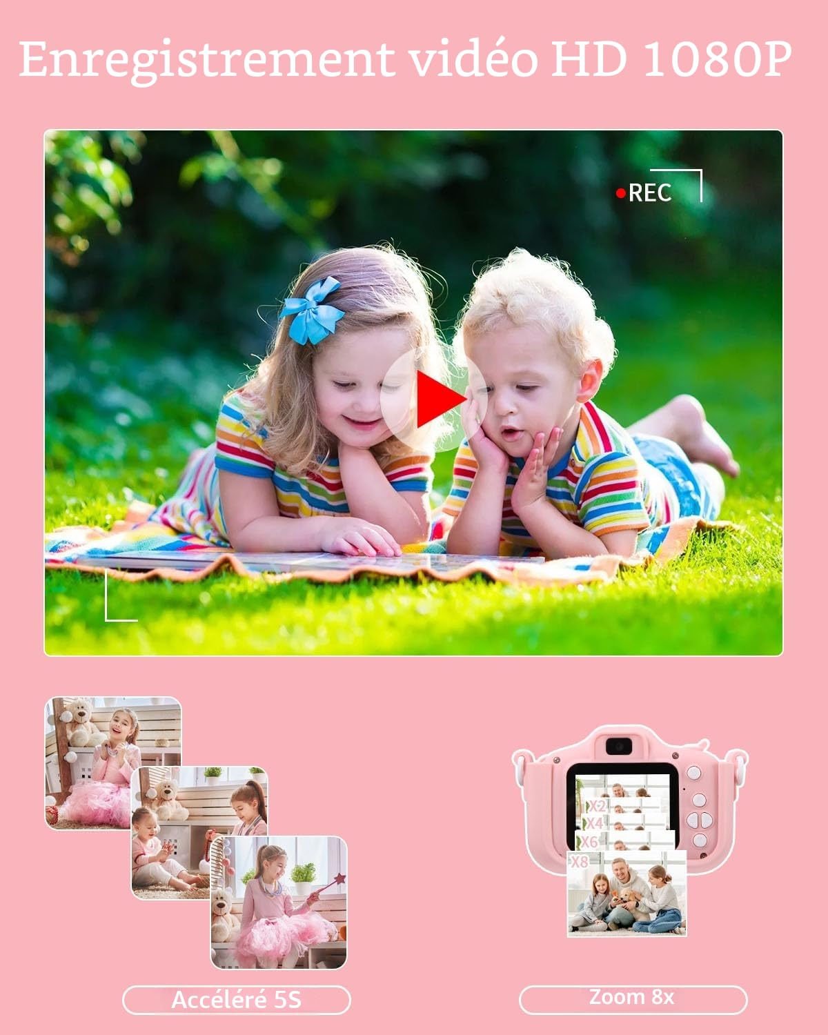 Appareil Photo pour Enfants, 2.0 Pouces Enfant Appareil Photo Numérique, Mini Caméra Rechargeable Caméscope Cadeau Jouet Filles Garçons de 3 à 10 Ans, vidéo HD 1080p,64G SD Carte,Caméras Jeu Enfant