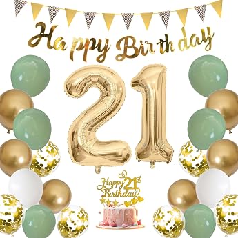 Moorle Sage Green Birthday Decoration for Girls 21 Years - Green White Gold Balloons Banner Flags and Cake Decoration for 21st Birthday Woman Decoration
