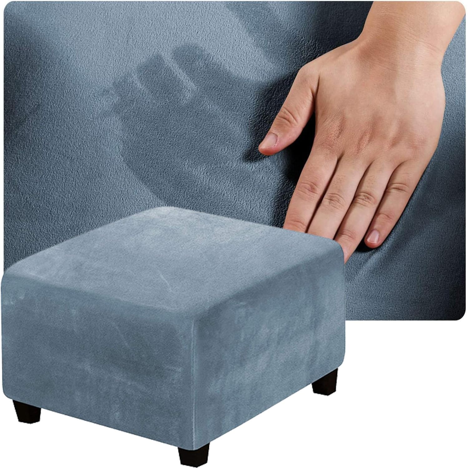 Fodera for Sgabello in Velluto, Copri Pouf Quadrato 50x50 80x80 40x40 60x60 100x100 90x90 110x110 Copertura Poggiapiedi Elastico, Protettiva for Ottomana(Grigio Blu,73x73cm)