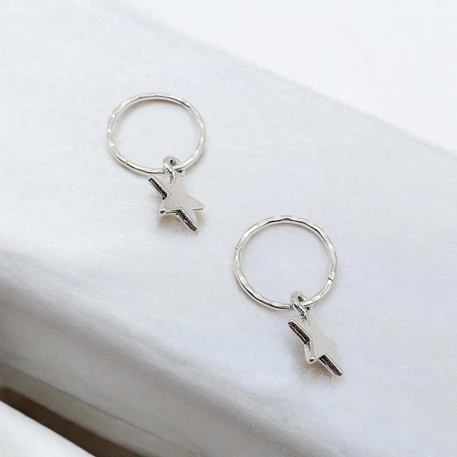 925 Solid Sterling Silver Faceted Sleeper Hoop Earrings For Women | Silver Star Drop Dangle Charm Earring - Mini Silver Star Hoops - Image 6