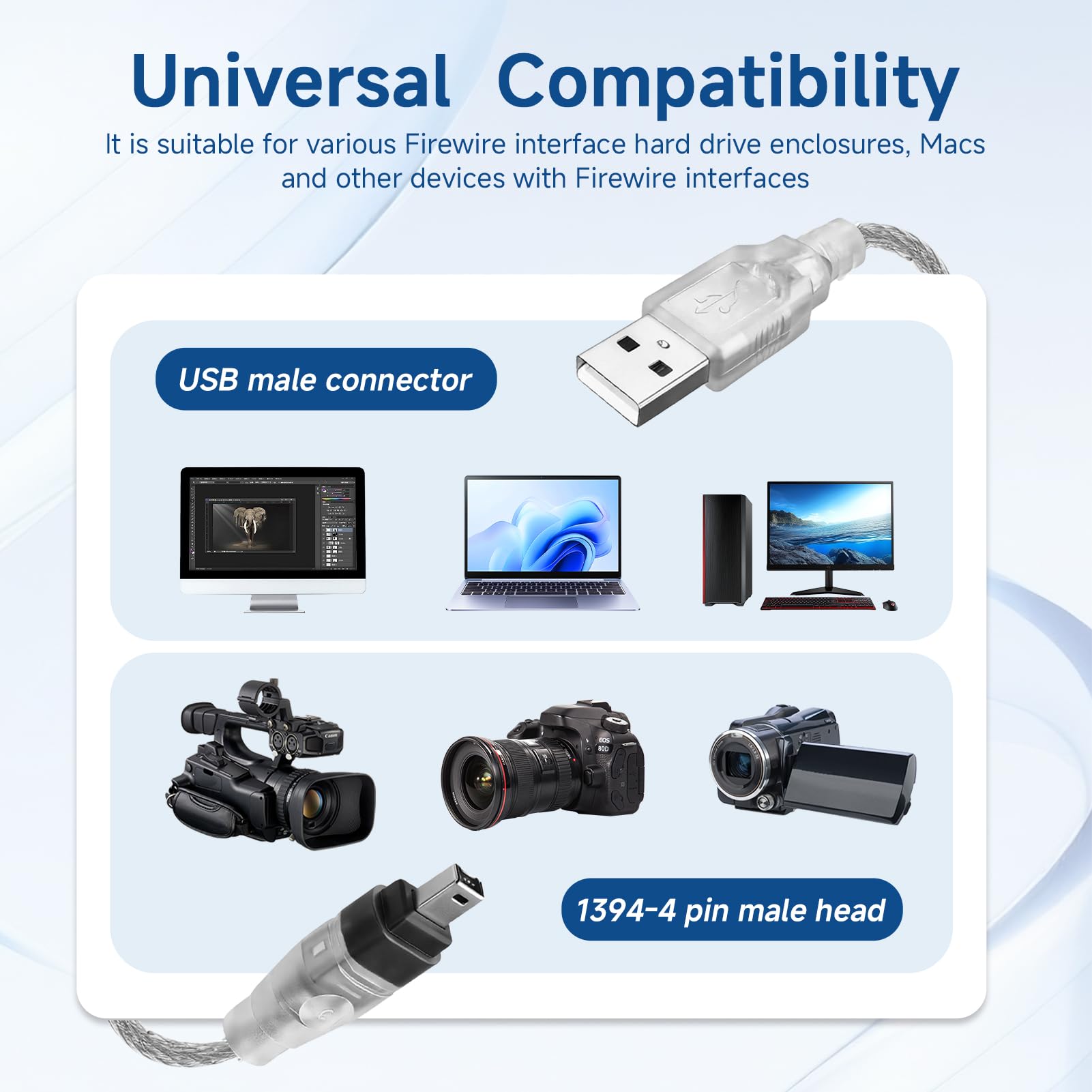Cavo Adattatore USB USB Firewire,Cavo IEEE 1394 a USB,Può essere utilizzato per la trasmissione di dati audio e video,Può essere utilizzato con la maggior parte delle telecamere DV