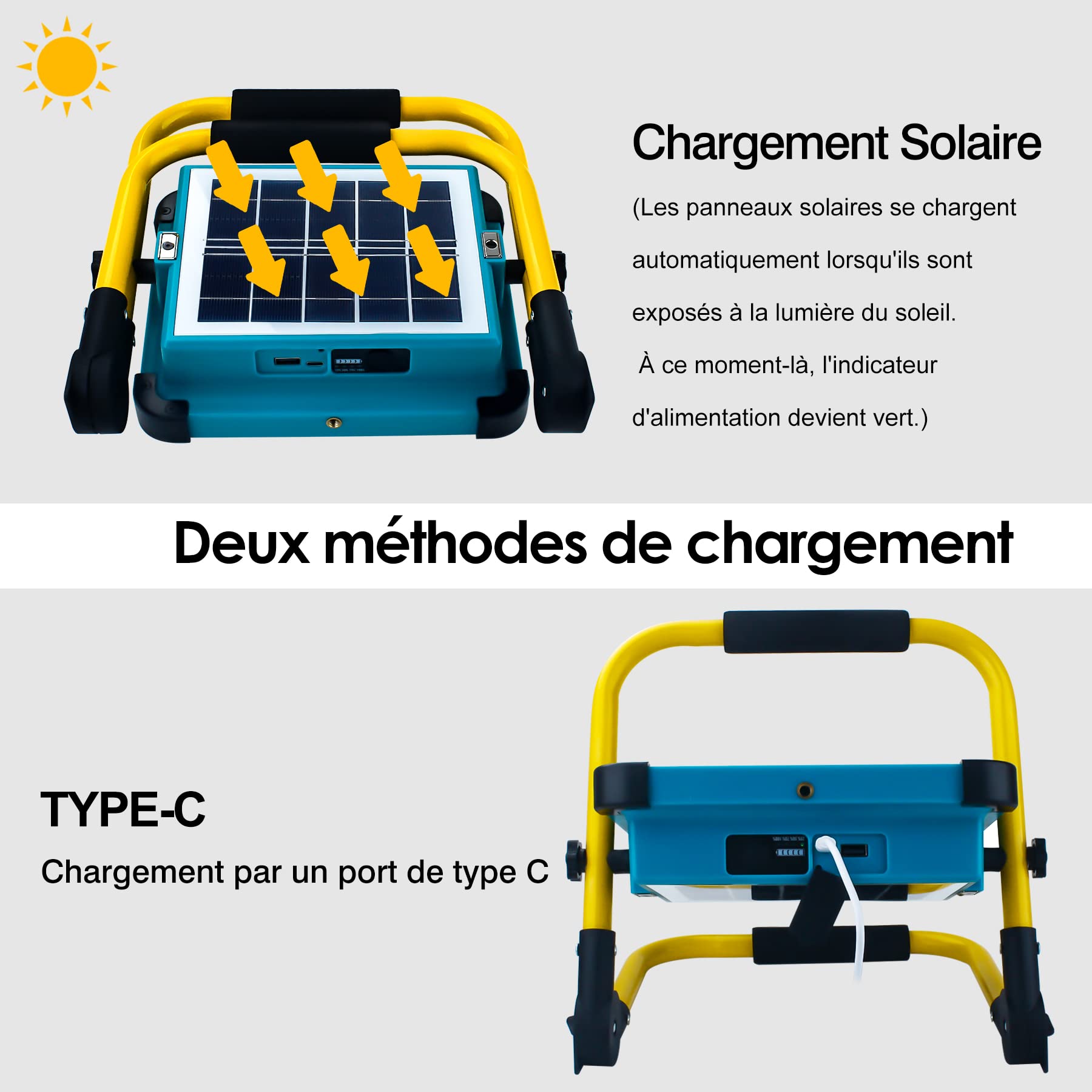 Projecteur LED Rechargeable avec Support, Projecteur LED Chantier Batterie Intégrée de 10500 MAh,4 Mode d'éclairage, Idéal pour les chantiers de construction, l'éclairage d'urgence