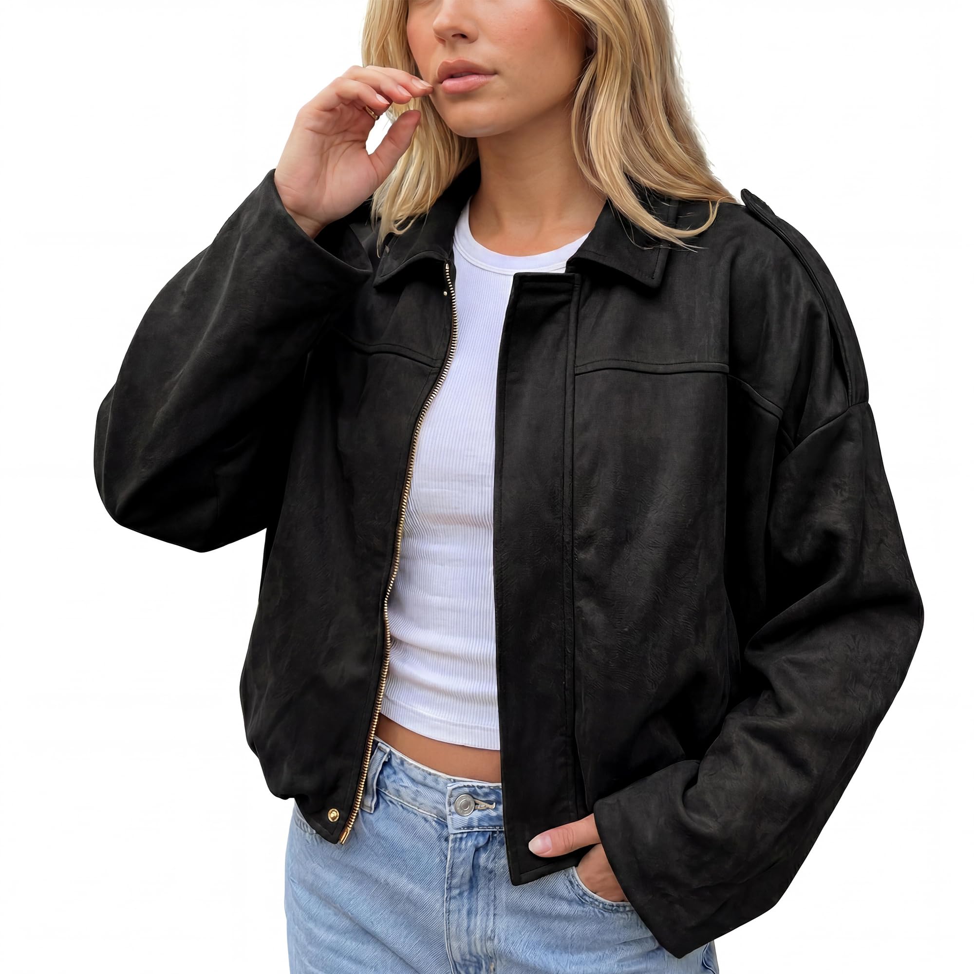 Allegra K Blouson bomber zippé en daim synthétique pour femme | Vestes de moto surdimensionnées décontractées en cuir à manches chauve-souris à revers de printemps