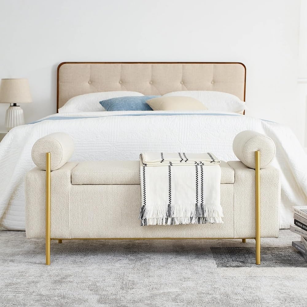 Moderno Elegante Banco de Almacenamiento tapizado de Lino con Brazos cilíndricos y Patas de Hierro for Pasillo, Sala de Estar y Dormitorio. Decorativo(Beige)
