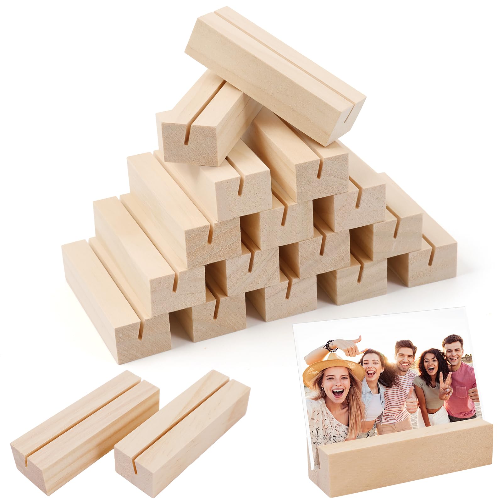 20Pcs Wood Place Card Holders, Table Number Holders Wooden, Wood Small Photo Picture Holders with Double-sided Adhesive / Mini Menu Card Place Holders for Tables Display Office Weddings Party Cards