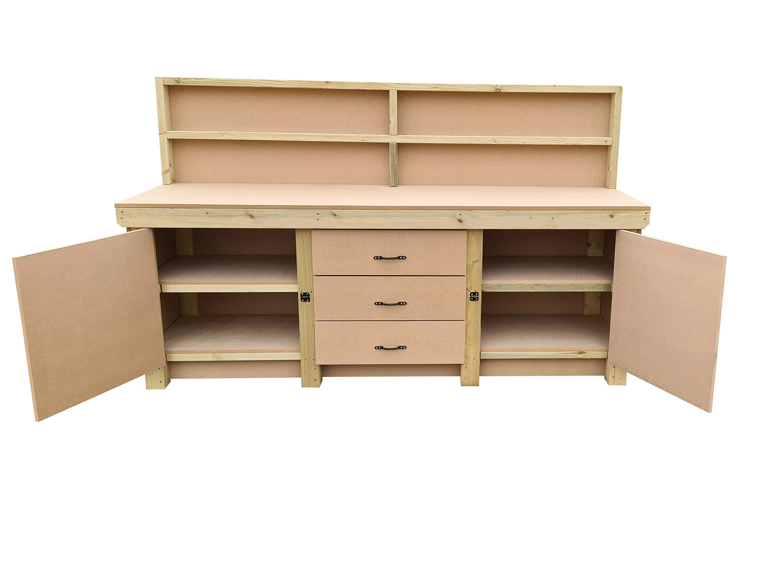 Arbor Garden Solutions Wooden Workbench With Drawers and Double Lockable Cupboard (double shelf) and Back Panel - MDF 18mm Surface (8ft)