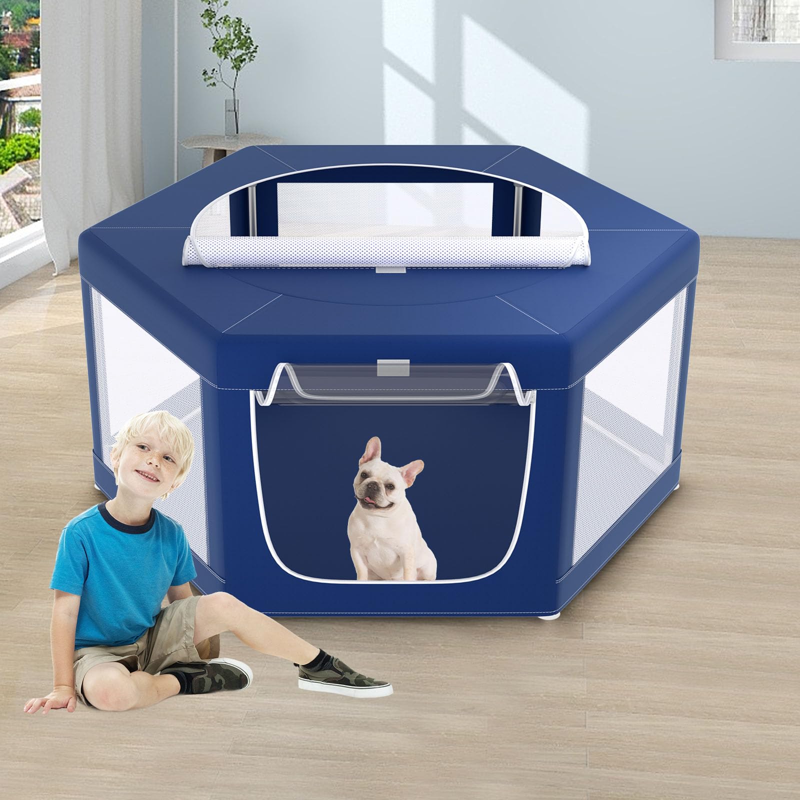 Photo 1 of XVISHX 45x45 Inches Hexagonal Type Puppy Playpen, Dog Playpen for Puppies or Small Dogs, Dog Fence Pet Playpen for Indoor & Outdoor, Sturdy Safety Dog Pen with Thickened Fabric, Breathable Mesh