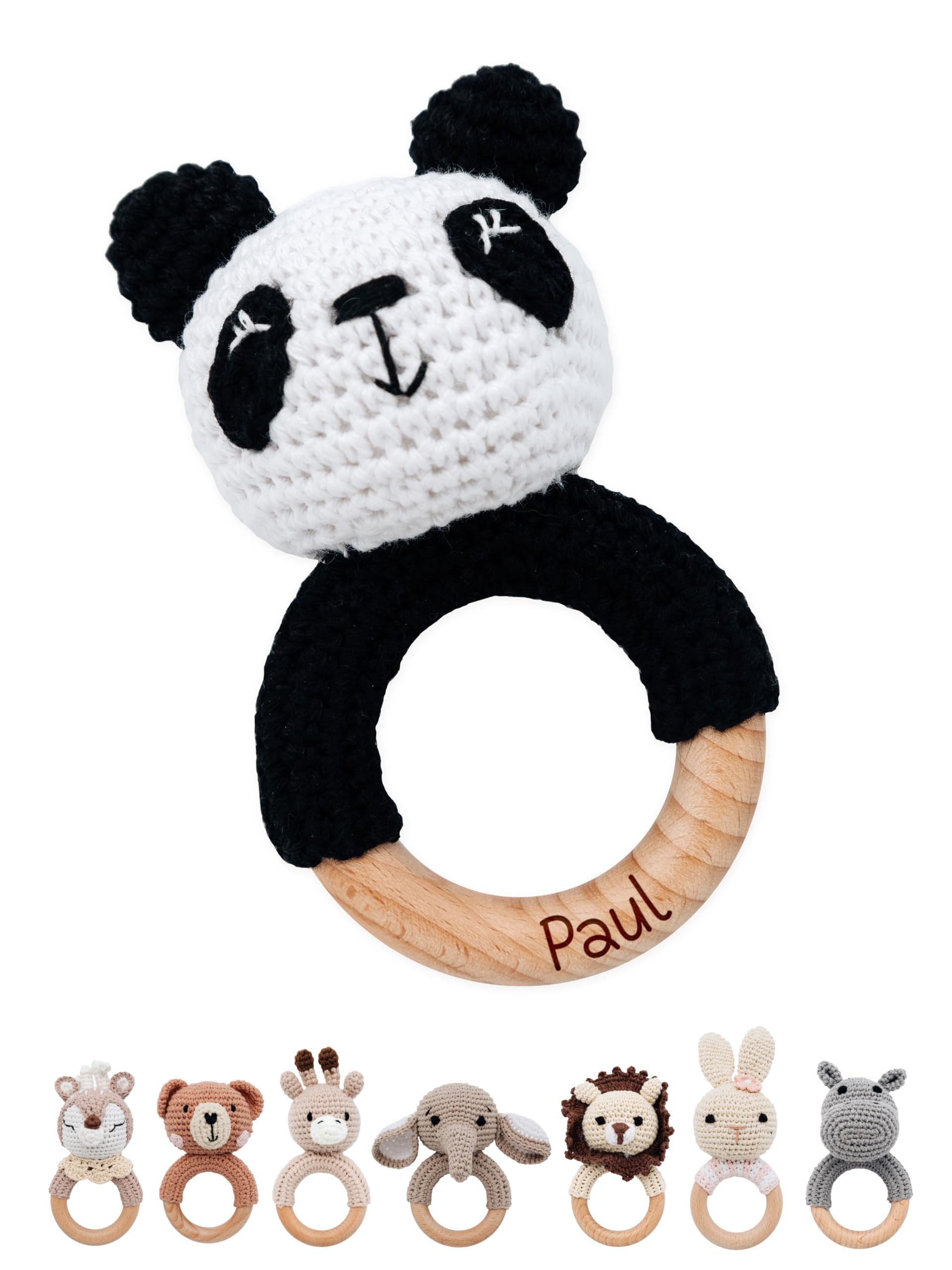 Bärenfreunde® - Personalisierter Beißring Baby - Niedlicher Greifling für Baby's ab 0 Monate - Babyrassel mit Name als Baby Geschenk für Mädchen und Jungen (Panda,mit Name)