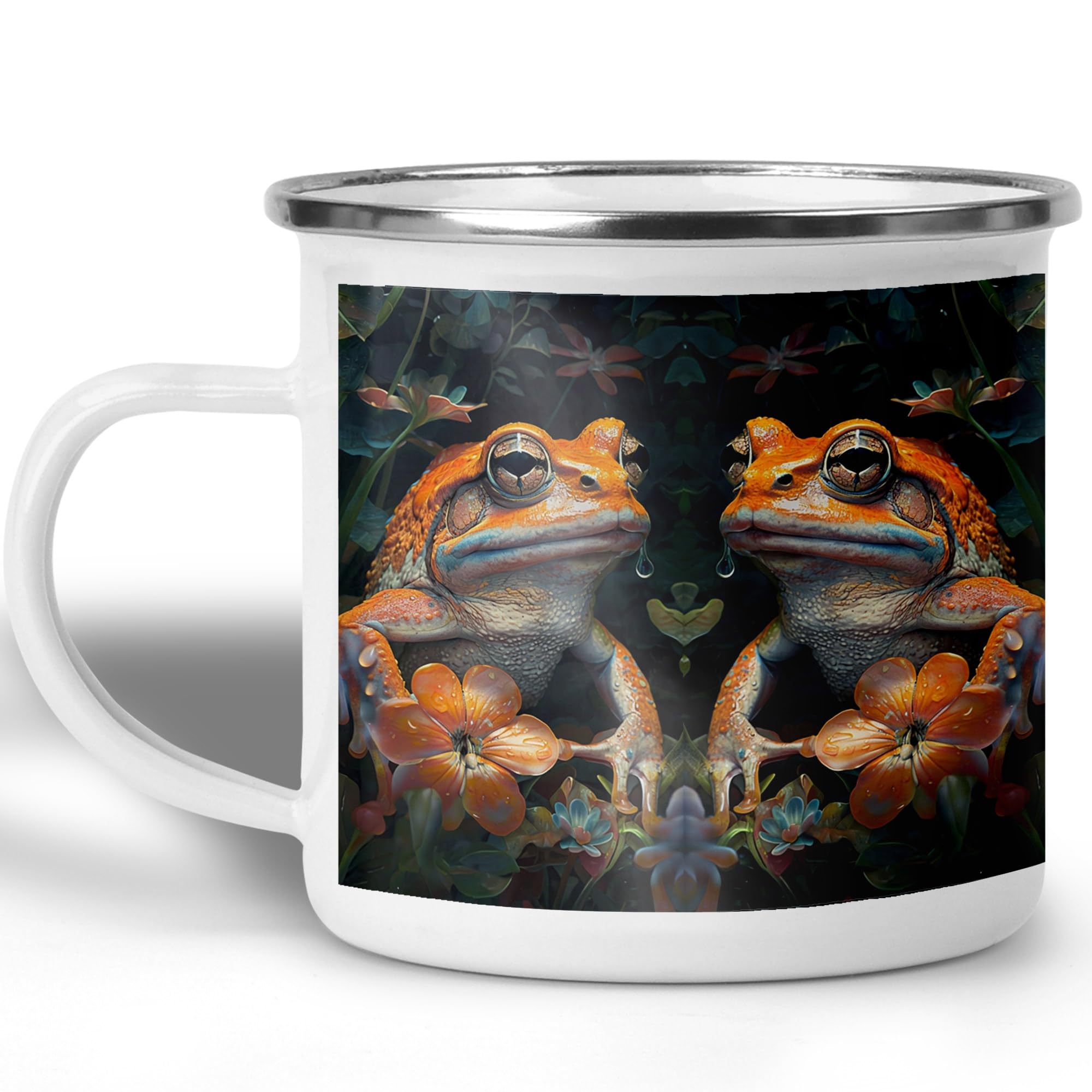 The Home Champs Orange Fantasy Frog Camping Mug, 12oz Mug Enchanted Forest Amphibian Gift for Nature Lovers, Enamel Campfire Cup for Hiking Outdoor Adventures, Botanical Jungle Art Style