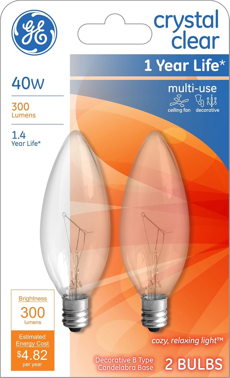 GE Lighting Crystal Clear Blunt Tip Decorative Light Bulbs (40 Watt), 300 Lumen, Candelabra Light Bulb Base, 10-Pack Chandelier Light Bulbs