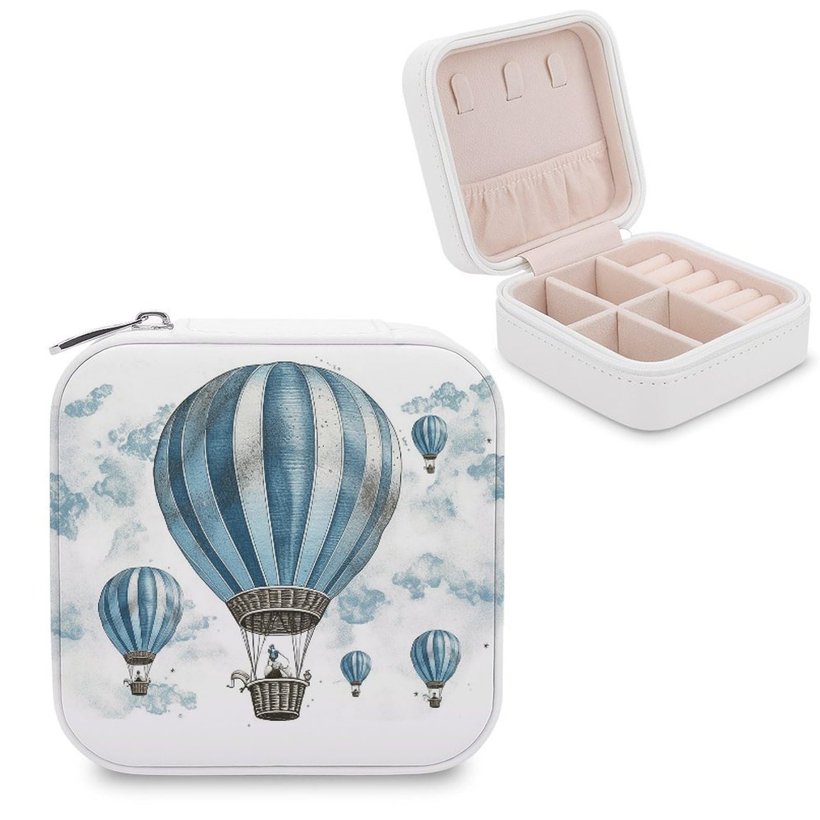 VstaDank Blue Hot Air Balloon Travel Jewelry Case Zipper Portable Small Jewelry Box Custom Pu Leather Mini Traveling Jewelry Organizer for Rings Earrings Necklace Bracelet Girls Women