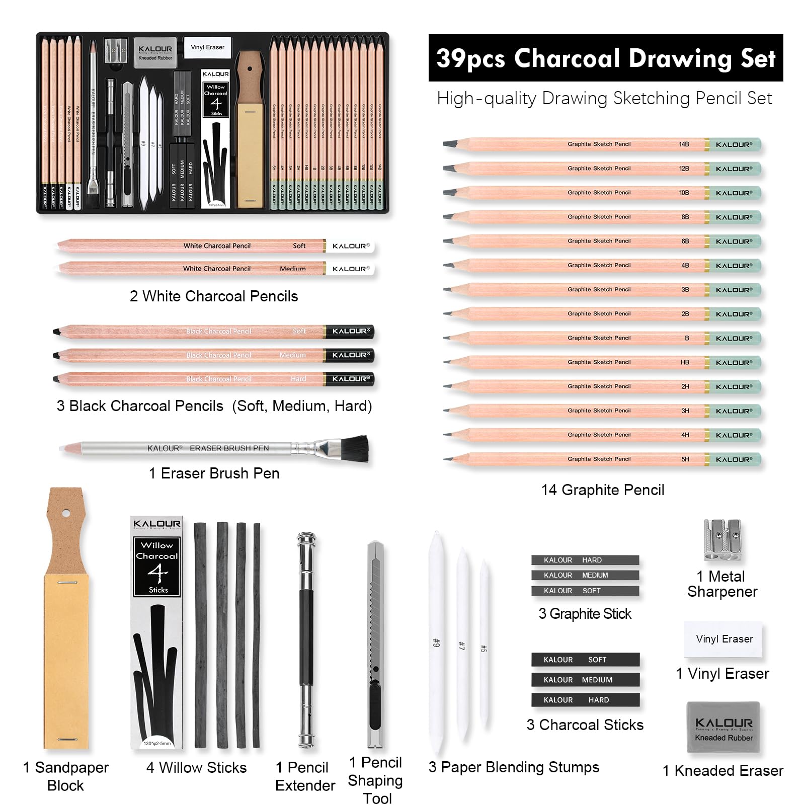 KALOUR PDAS Set di 39 matite da disegno, matite professionali da schizzo (5H-14B), matite a carboncino bianche e nere per schizzi, penne a pennello con gomma, bastoncini di carboncino, set di matite