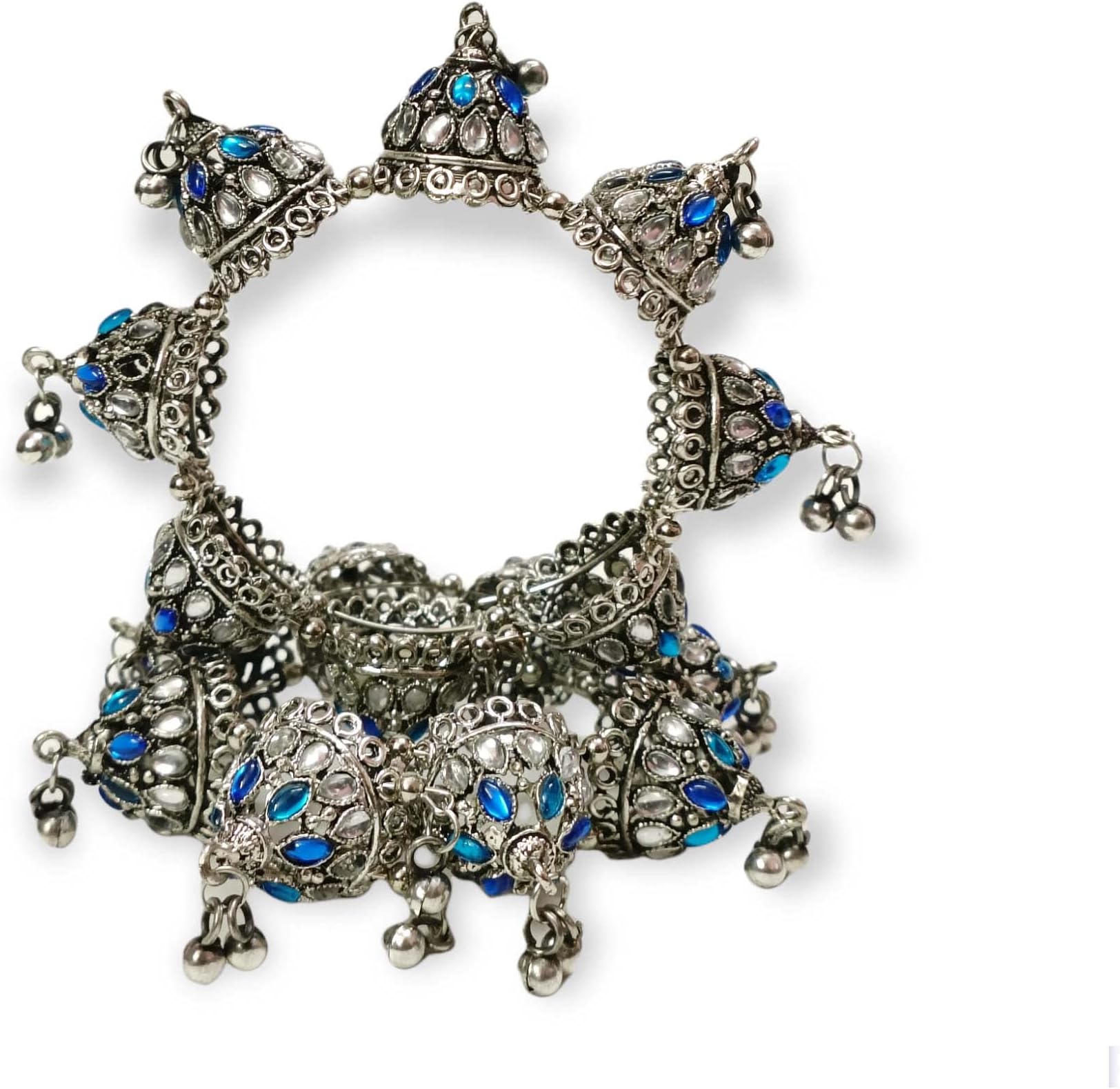 Oxidized Silver Adjustable Kundan Work Bangle for Women/Girls(Blue)
