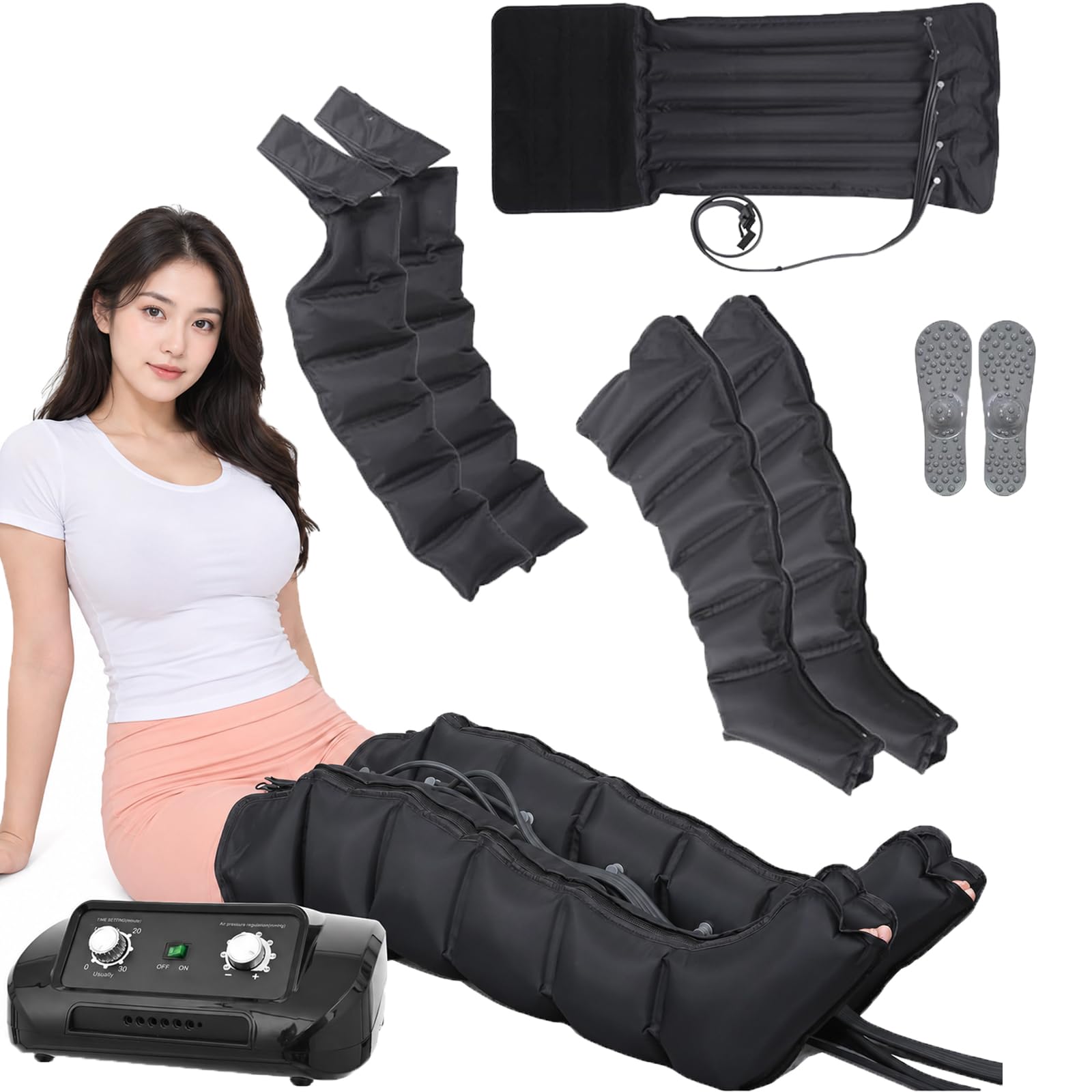 Pressoterapia linfodrenaggio gambe braccia,Pressoterapia per Casa,6 Camere d'Aria, Massaggio Linfodrenante Macchinario Gambe e Braccia Addome Glutei per Casa,Pression Réglable 8 Intensità + Timer