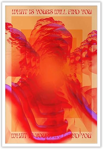 Pósteres retro hippie trippy rojo de los años 70 y 80 en lienzo de cara y ojo, arte de pared con texto en inglés What Is Yours Will Find You con