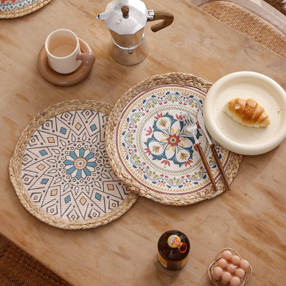 MOCOFO Placemat 4 Set of Boho Colorful Printed Round Woven Placemat（Color 10）