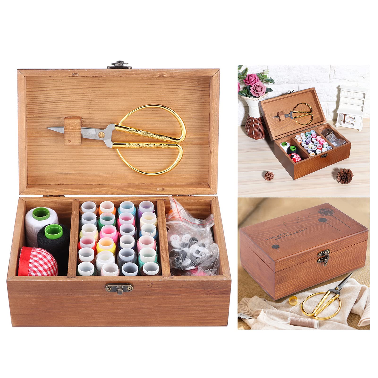 Kit De Costura De Madera, Caja De Almacenamiento para Kit De Costura, Caja De Costura, Caja De Costura De Madera Vintage para El Hogar, Caja De Almacenamiento De Hilo De Aguja(Sewing Kit Box)