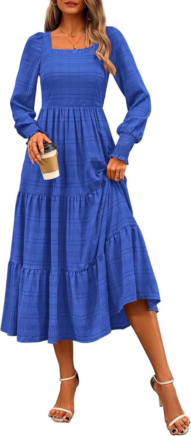 CFLONGE Women's Fall Dresses 2025 Puff Long Sleeve Square Neck Dress High Waist Smocked A-Line Flowy Wedding Party Maxi Dress