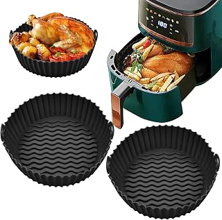 Vibbang 2Pcs Reusable Air Fryer Liner Silicone Pot, Non-Stick Steamer Pad Baking Liner Air Fryer Basket Round Baking Pan Oven Bowl for Air Fryer Baking Roasting Oven Microwave (8.5inch Black)