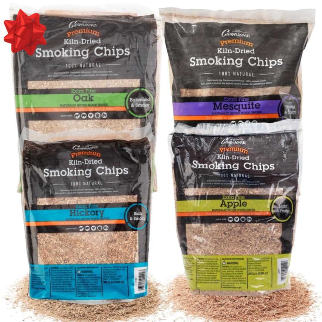 All Natural Extra Fine BBQ Wood Chips (4 Bag Value Pack, 2lb ea) - Apple, Hickory, Oak, Mesquite - Kiln Dried Sawdust Shavings for Smoking Guns & Smoker Boxes - Grilling Xmas Gift Set for Dad