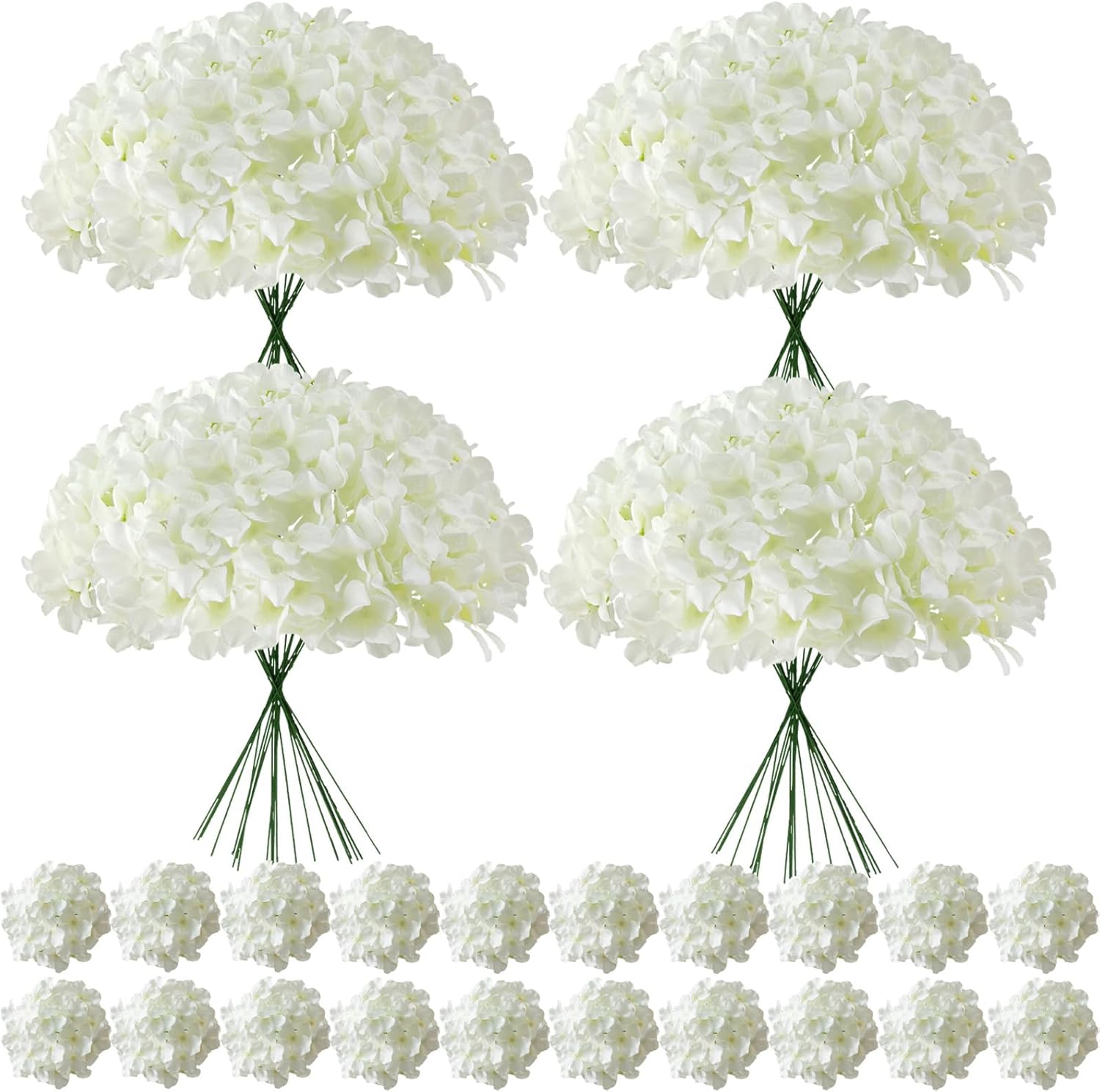 100 Pcs Faux White Hydrangea Artificial Flowers Bulk, Fake Silk Hydrangea Flowers Heads with Stems for Wedding Decorations Garden Party Baby Shower Porch Home Decor Table Centerpieces