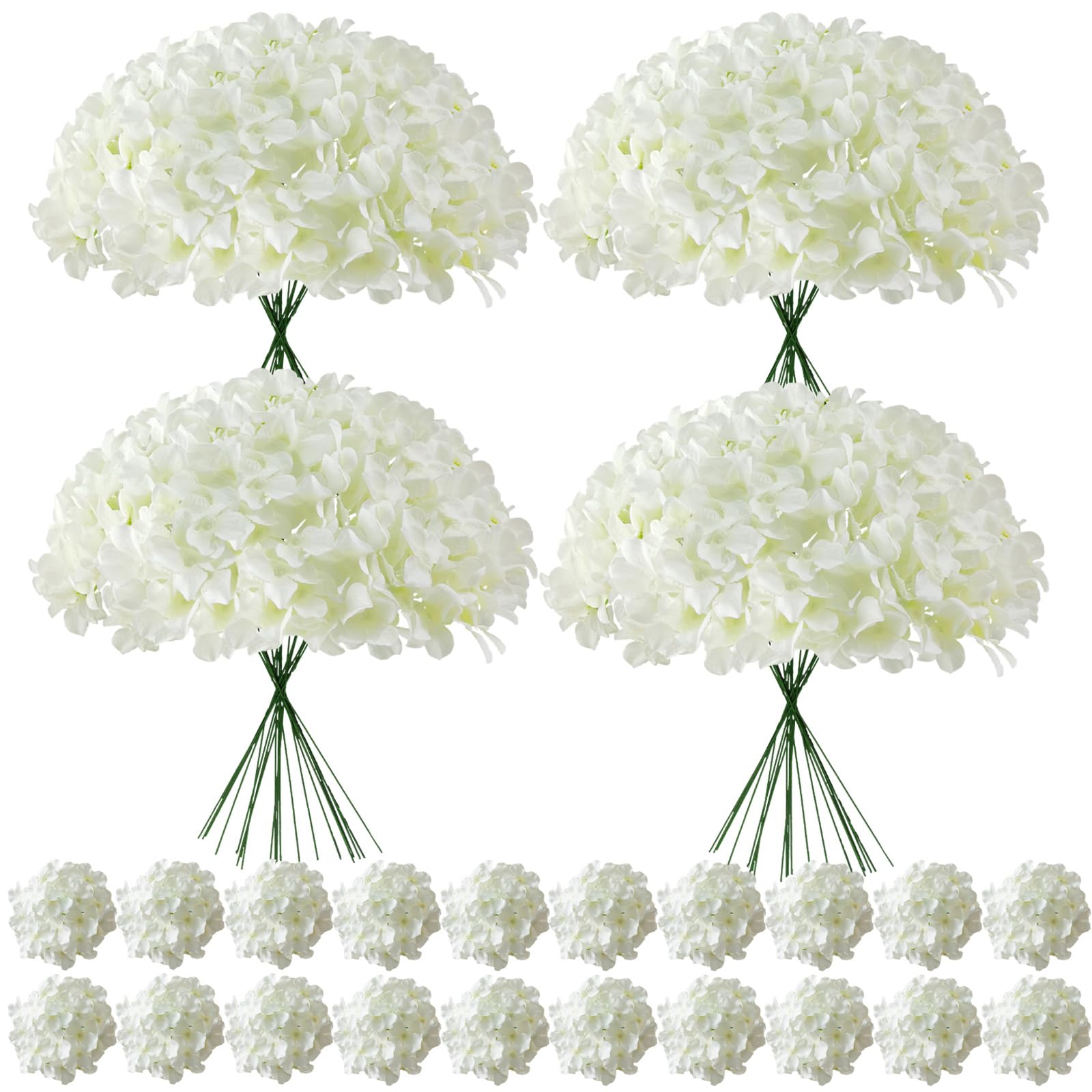 Photo 1 of Cherica 100 Pcs Faux White Hydrangea Artificial Flowers Bulk, Fake Silk Hydrangea Flowers Heads with Stems for Wedding Decorations Garden Party Baby Shower Porch Home Decor Table Centerpieces