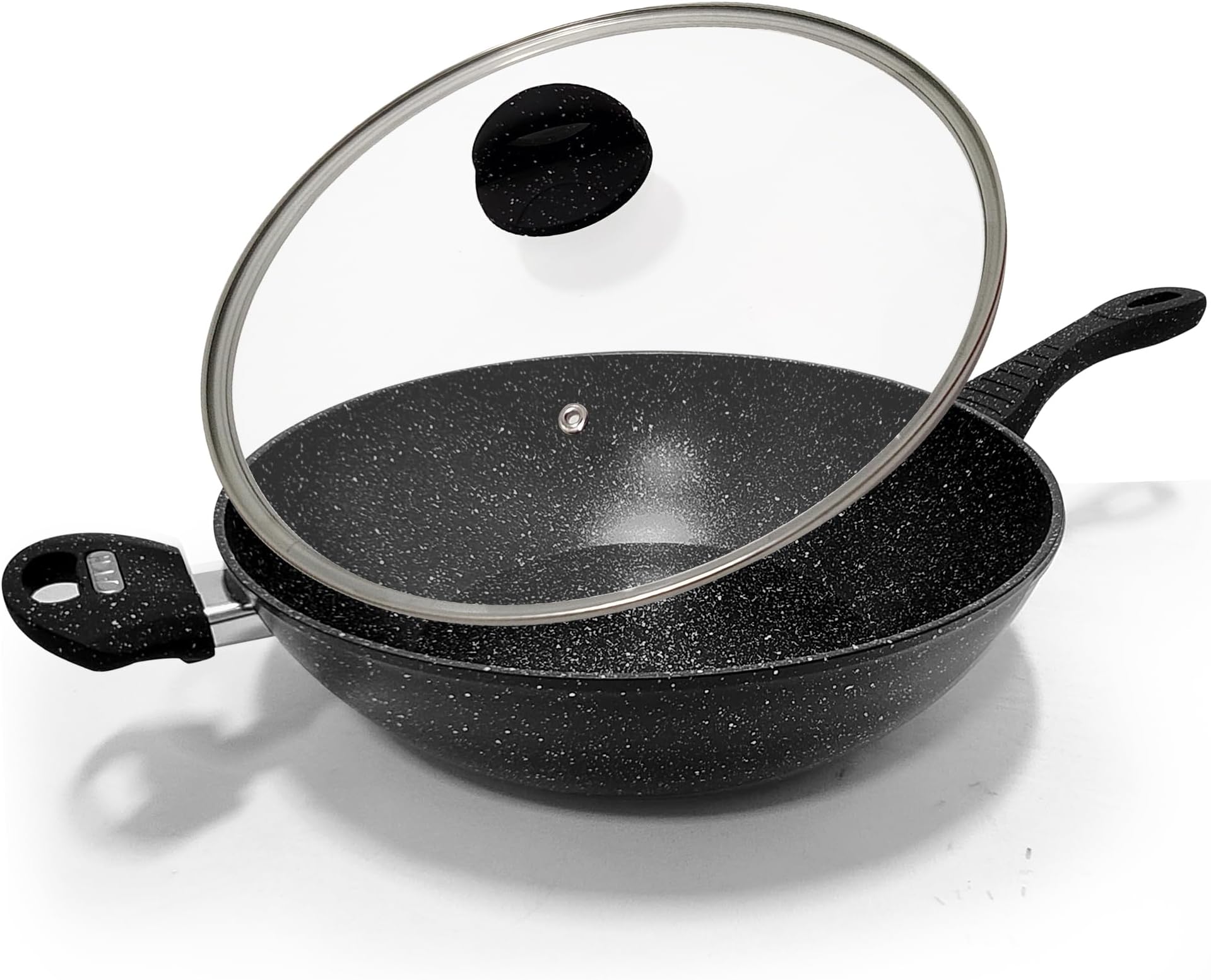 AKH HOUSEWARE Non Stick Wok Deep Frying Pan with Lid Forged Aluminum - Double Handle - Soft Touch - Saute Pan/Deep Stir Fry Pan Induction Compatible (32cm)